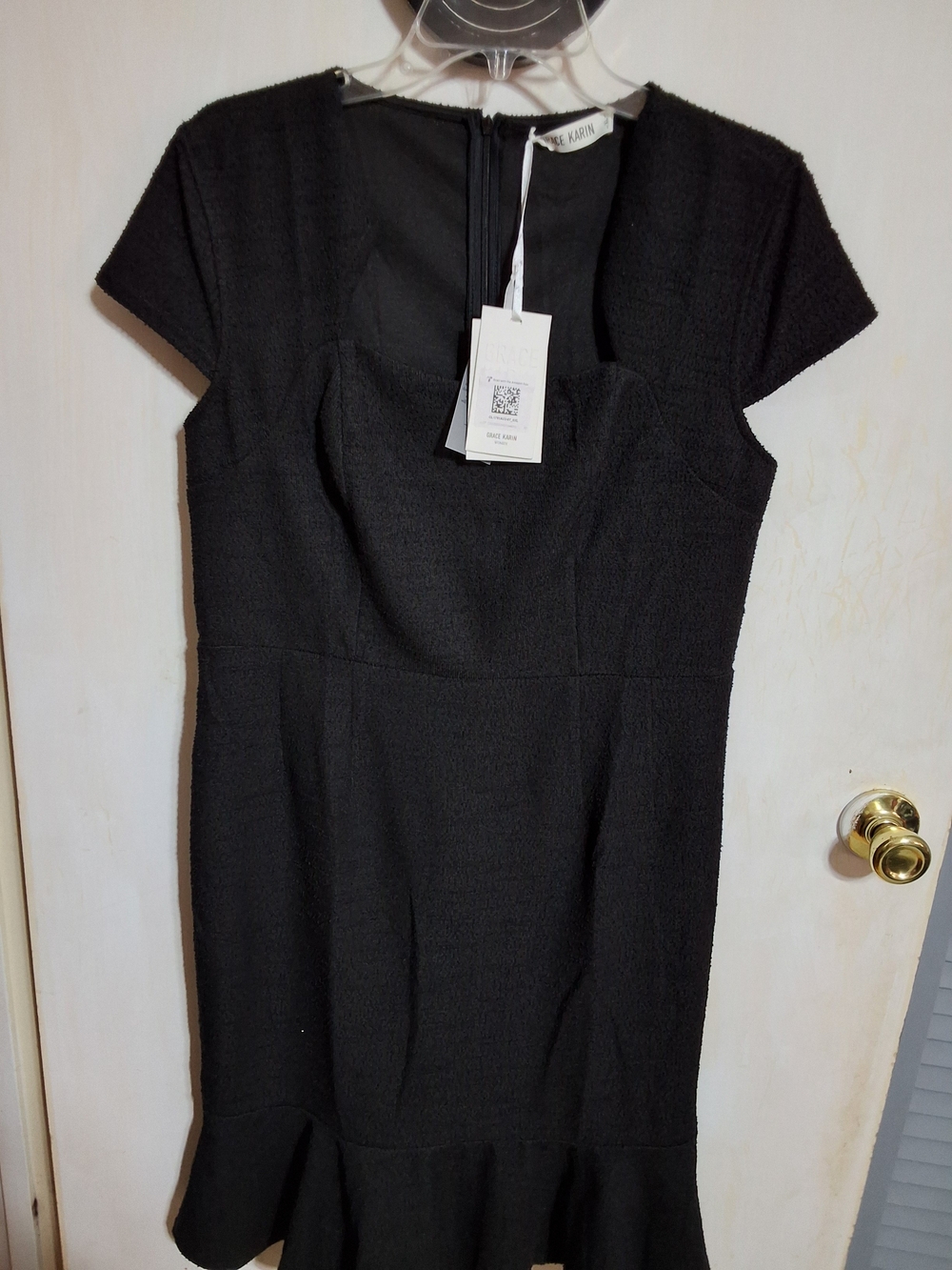 Grace Karin Black Cap-Sleeve Sheath Dress with Fluted Hem